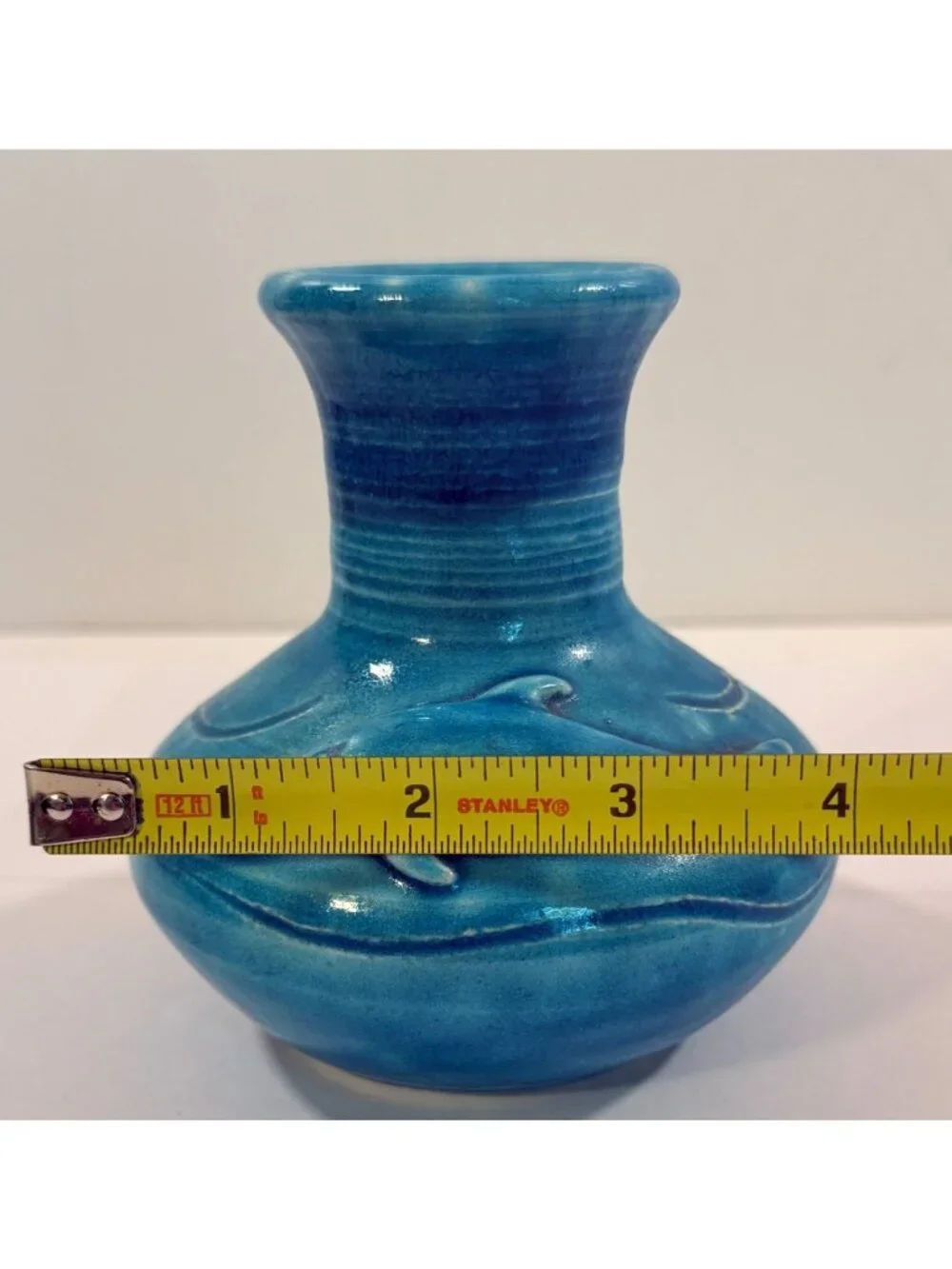 Vintage Dolphin Lagoon Ocean Blue Vase Handmade Studio Pottery 4 1/2